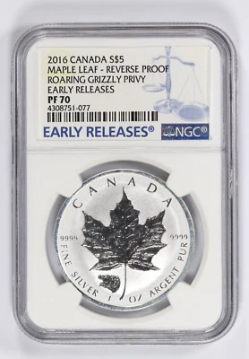 2016 $5 Canada Silver Maple Leaf Roaring Grizzly Privy Reverse Proof NGC PF70 - Image 1 of 4