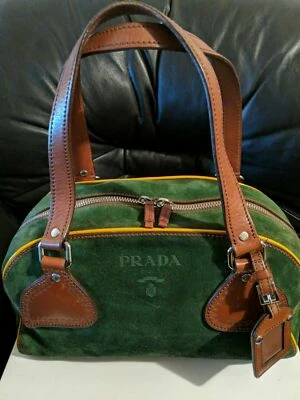 Bolso de hombro Prada vintage de gamuza verde y cuero marrón para mujer Foto 1 de 4