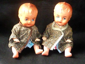 Charming Vintage Pair  'Blue Box Toys' Celluloid Dolls, Handmade  Clothes, c1970 - Picture 1 of 12