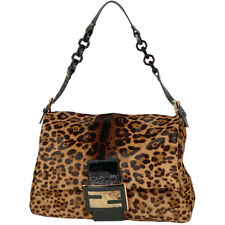Fendi Zucca Shoulder Bag Leopard Print Plastic Chain Unborn Calf Brown 8Br638