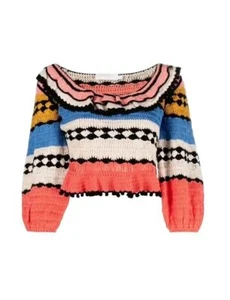 Zimmermann Tiggy Frill Top | Navy Multi, Crochet, Crop, Puff Sleeves, Stretch - Bild 1 von 3