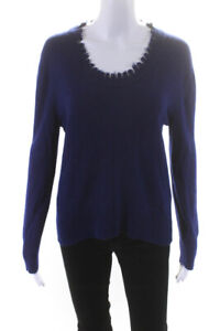 Inhabit Womens Scoop Neck Solid Fringe Wool Sweater Blue Size Medium