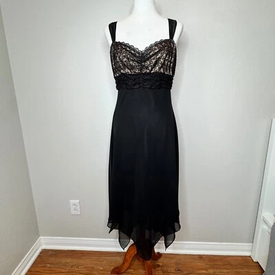 Vestido midi negro de cóctel EVAN PICONE 10 encaje corpiño pañuelo dobladillo formal Foto 1 de 4