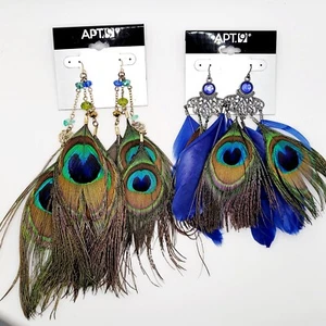 Lot of 2 Apt. 9 Large Peacock Feather Earrings Fashion Statement Jewel Tone New - Picture 1 of 7