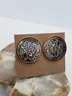 Earrings Signed Vintage 1980s Fish Crown Cloisonne Floral Blue Bird Red Round