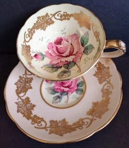 Teetasse Untertasse Set Paragon Rosa Kohlrose Doppel Garantie RAR Weinrebenrand - Bild 1 von 12