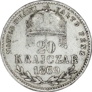 HUNGARY coin 20 Krajczar 1869 KB F+ Choice Fine - Picture 1 of 7