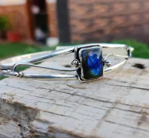 Labradorite Bangle, Labradorite Bracelet, 925 Sterling Silver Adjustable Bangle - Picture 1 of 4
