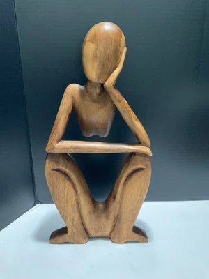 Estatueta vintage abstrata Suar madeira 16” Thinking Man esculpida à mão estátua pensador - Imagem 1 de 4