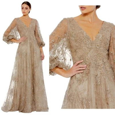 Vestido Mac Duggal 20283 Moca Lentejuelas Cuentas Manga Abullonada Cuello en V Talla 4 Foto 1 de 4