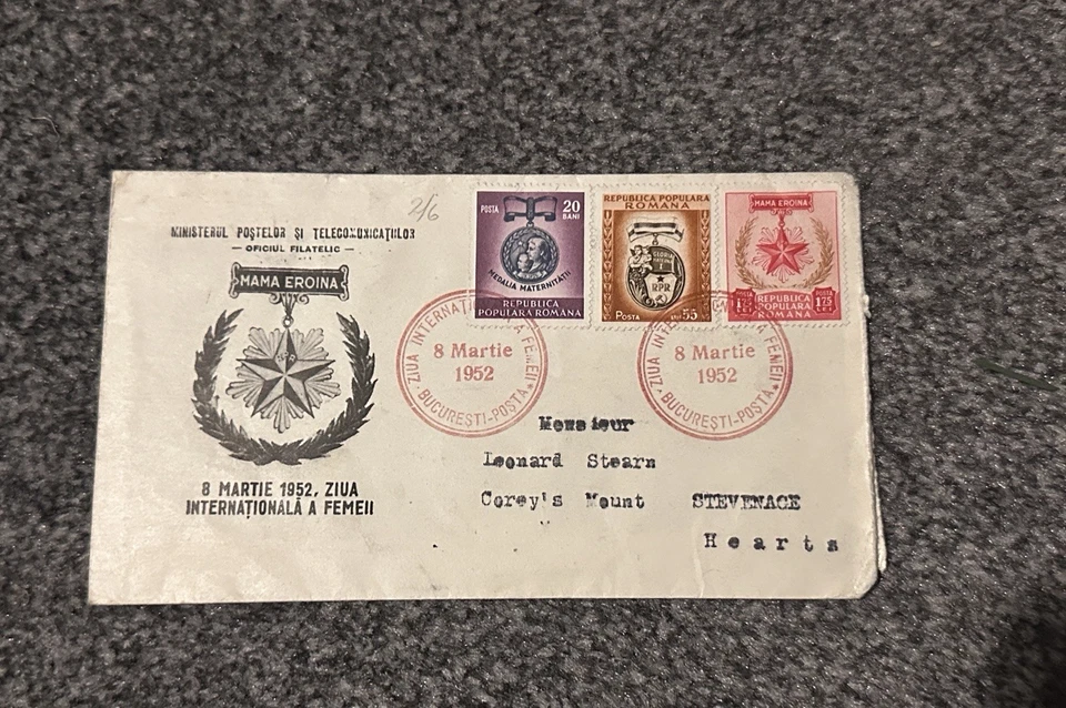 RUMANÍA 1952 FDC DÍA INTERNACIONAL DE LA MUJER HÉROE MADRE BUCAREST MATASELLOS Foto 1 de 3
