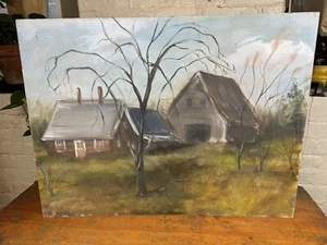 Vintage Oil Painting feat. Cape Cod Style House w/ Barn, Late Autumn Day 24x18" - Picture 1 of 9