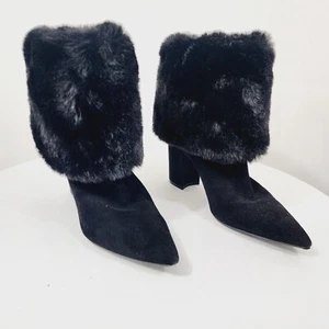 NINE WEST Chrissa Black Suede Faux Fur Boots Pointed Toe Block Heel Women's 10 M - Picture 1 of 15