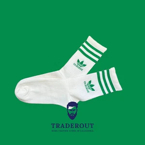 adidas originals Mens chalk white with green stripe logo crew socks size L - Picture 1 of 4