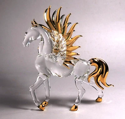 ASIAN HARBOUR Pegasus Horse hand blown art glass figurine gold trim 4.5 inch decor - GIFT