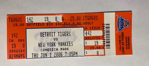 Tigers vs New York Yankees 6/1/06 Rivera Injures Back Dressing Full Ticket Stub Cover