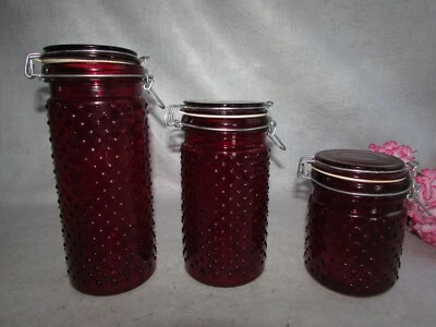 SET 3 RUBY RED GLASS HOBNAIL STORAGE WIRE BAIL LATCH CANISTER JARS W RUBBER SEAL - Image 1 of 4