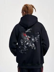 Niepce Streetwear Japanese Embroidered Kirin Graphic Hoodie Black Sweatshirt - Picture 1 of 10