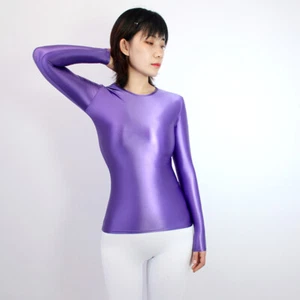 Women's Tops Shirt T-shirt Long Sleeve Blouse Tops Glossy Spandex BodySuit Slim - Picture 1 of 41