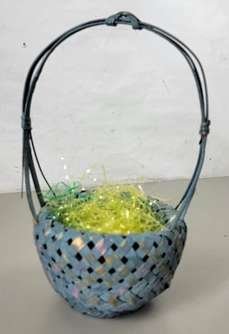 Vintage Bamboo Basket, Easter Colors, Teal, Nice! 10" Tall 5.5"Wide Painted Cover