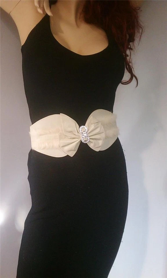 MUJER CREMA CINTURA MODA ELÁSTICO ELEGANTE CINTURÓN LAZO CON PIEL Y PEDRERÍA Foto 1 de 1