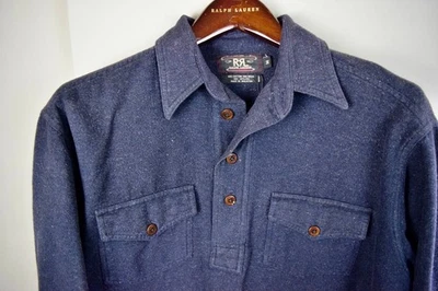 RRL Ralph Lauren Solid Vintage Wool Blend Navy Shirt Popover Men's Medium M - Image 1 of 4