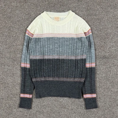 Vintage Retro Cableknit Crewneck Pullover Sweater Women S Grey Pink Cream Stripe - Image 1 of 4