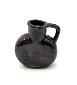 Antique Brown Pottery Miniature Jug Or Vase With Handle - Picture 1 of 9