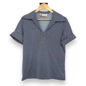 Pierre Balmain Blue Geometric Pattern Collared Cuffed Short Sleeve Blouse Sz. 16 - Picture 1 of 6