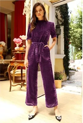 Adelyn Rae Willow Velvet Jumpsuit Sz S Plum Purple Open Back $165 Feminine Chic - Image 1 of 4