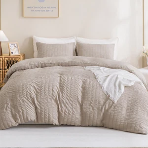 King Size Comforter Set Khaki, 3 Pieces Lightweight Seersucker Bedding Comforter - Picture 1 of 8