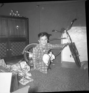 Vintage Negative B&W Med Format Young Boy Child Bike Present Happy #551 - Picture 1 of 1