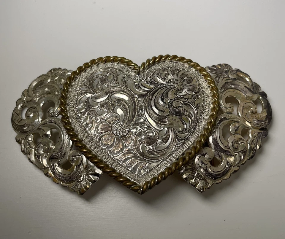 VTG Crumrine Belt Buckle 3 Heart Floral Silver Plate On Bronze Etched 4” - Image 1 of 4