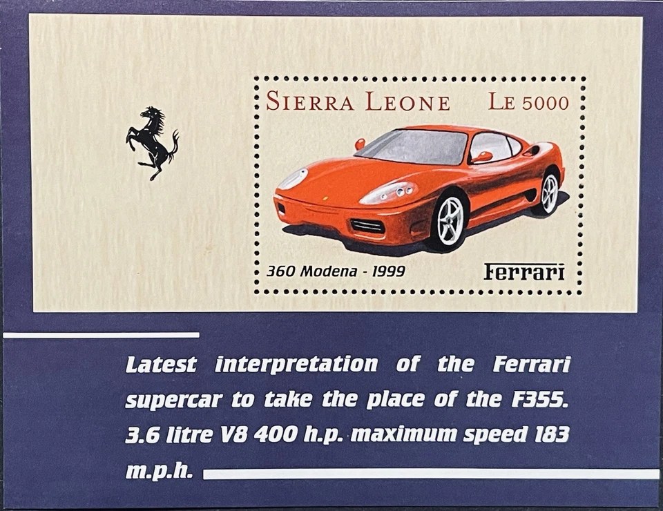 SELLOS DE AUTOMÓVILES SIERRA LEONA SS 2001 MNH FERRARI 360 MODENA COCHE DE CARRERAS DEPORTIVO Foto 1 de 1