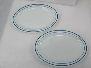 2 x Vintage MCM PYREX Tableware Corning Oval Milk Glass Plate 799 Blue Stripe - Picture 1 of 8