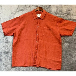 Flax Linen Shirt Mens Size Large Burnt Orange Pocket Short Sleeve Camp Collar - Picture 1 of 6