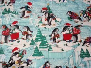 Vtg Concord Fabrics Kesslers Christmas Winter Penguin Print Fabric 55” by 40” - Picture 1 of 3