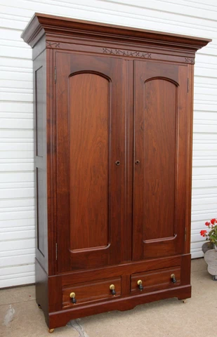 Victorian Solid Walnut East Lake Cathedral Door Knockdown Armoire Wardrobe & Key Cover