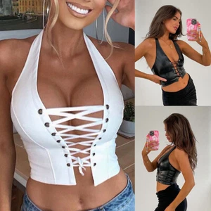 Womens Sexy Open Lace-up Cami Bustier PU Leather Crop Tops Halter Neck Tank Vest - Picture 1 of 17
