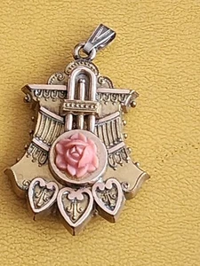 Antique Coral Rose Locket Goldplate Rare Wedding Rose Flower Pendant - Picture 1 of 3