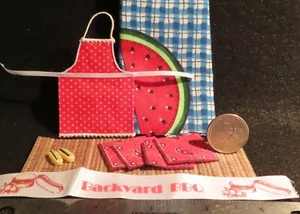 Apron Red Kitchen Hot Dogs Watermelon Fabric Napkin BBQ 1:12 Mini Creative 3080 - Picture 1 of 3