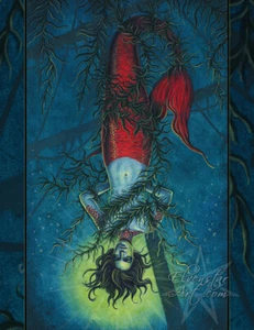 IMPRESIÓN Arte Fantasía Carta del Tarot El ahorcado Sirena Algas No Binarias Azul Rojo - Imagen 1 de 5