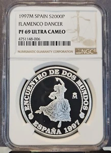 1997 SPAIN SILVER 2000 PESETAS FLAMENCO DANCER NGC PF 69 ULTRA CAMEO TOP POP - Picture 1 of 3