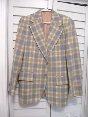 70 年代复古棕褐色蓝色格子格子修身风向员宽翻领夹克 40R — 第 1/4 张图片