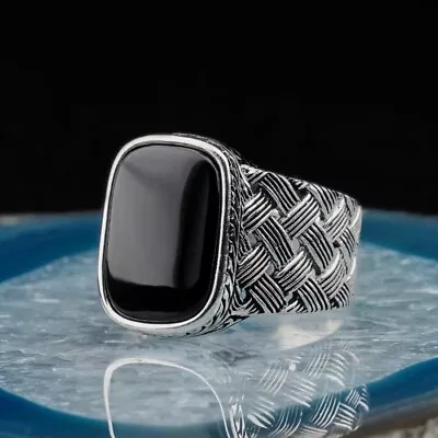 Solid 925 Sterling Silver Handmade Natural Black Onyx Silver Men's Gift Jewelry - Image 1 of 4