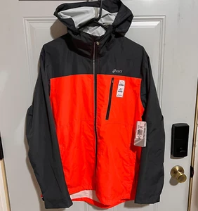 New Men's Large Grey Orange zip up Hooded Asics jacket Waterproof Breathable Run - Picture 1 of 17