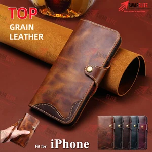 Genuine Leather Case For iPhone 16 15 14 13 12 Pro Max Plus Wallet Flip Cover - Picture 1 of 18