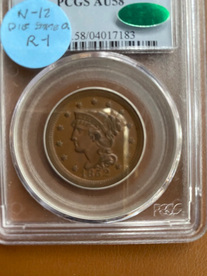 1852   N- 12 BRAIDED  HAIR  LARGE    CENT     PCGS AU58  ( CAC  APPROVED ) - Image 1 of 4