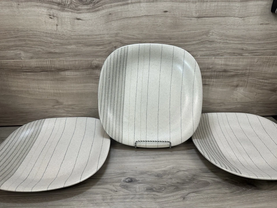 Set Of 3 Mikasa Dinner Plates Gentry Grey Ceramic Stripes Square 10.5” CP 751 - Image 1 of 4