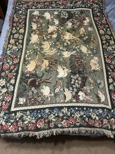 VTG Goodwin Weaver Cotton Tapestry Throw Blanket MEADOW BUNNIES Rabbit Easter - Picture 1 of 24
